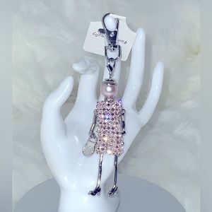 Women Car Key Holder, Bag Charm. Little Doll With Rhinestones and Pearl.